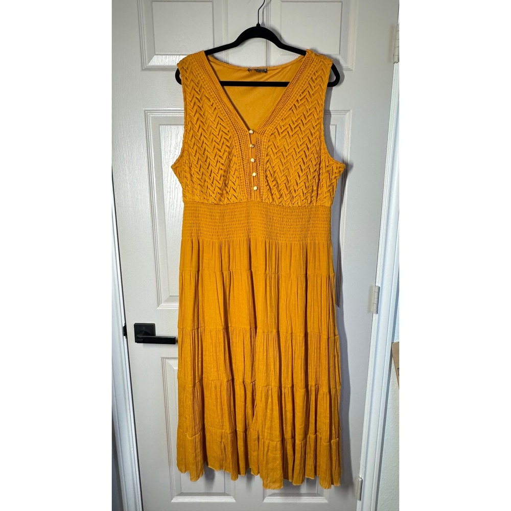 J. Glee Womens 3X Mustard Yellow Crochet Lace Smocked Tiered Boho Midi Dress